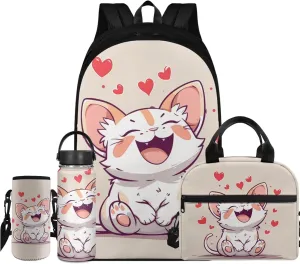 Flashideas Cartoon Cat Backpack with Lunch Bag, Insulated Water Bottle & Carrier - Kids' Backpack for Girls Ages 8-10, Middle & High School
