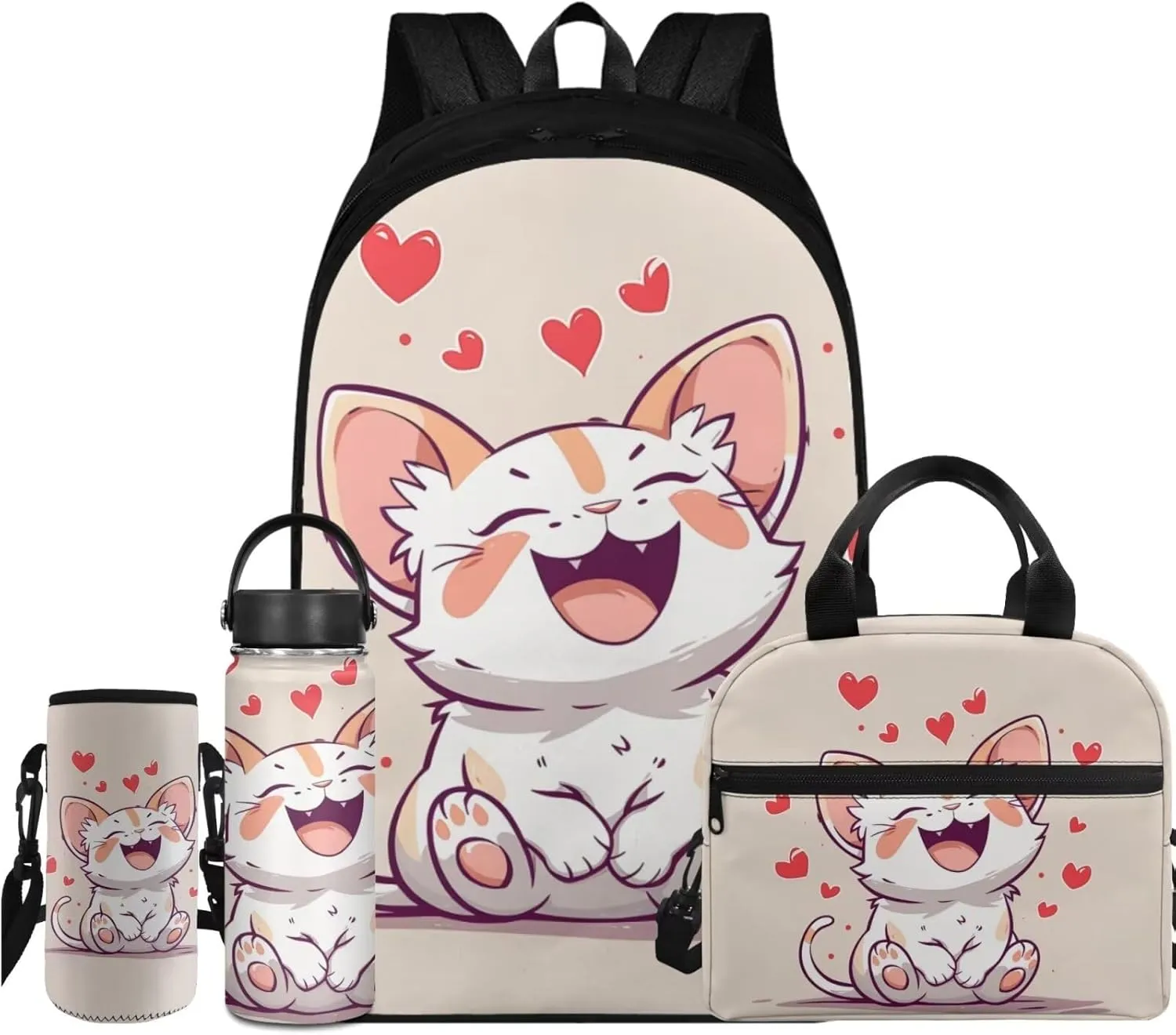 Flashideas Cartoon Cat Backpack with Lunch Bag, Insulated Water Bottle & Carrier - Kids' Backpack for Girls Ages 8-10, Middle & High School