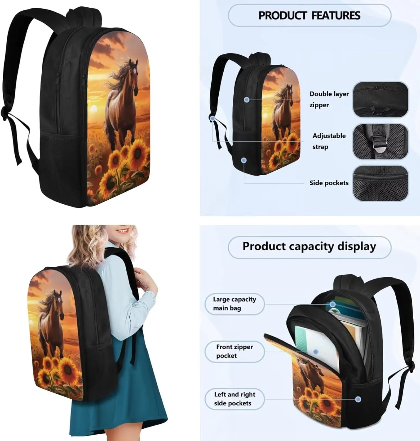 Flashideas Sunflower Horse Backpack Set 4Pcs with Lunch Box Insulated Water Bottle School Backpack Set for Girls 10-12 and Water Bottle Cover for Girl Kid Students Elementary School