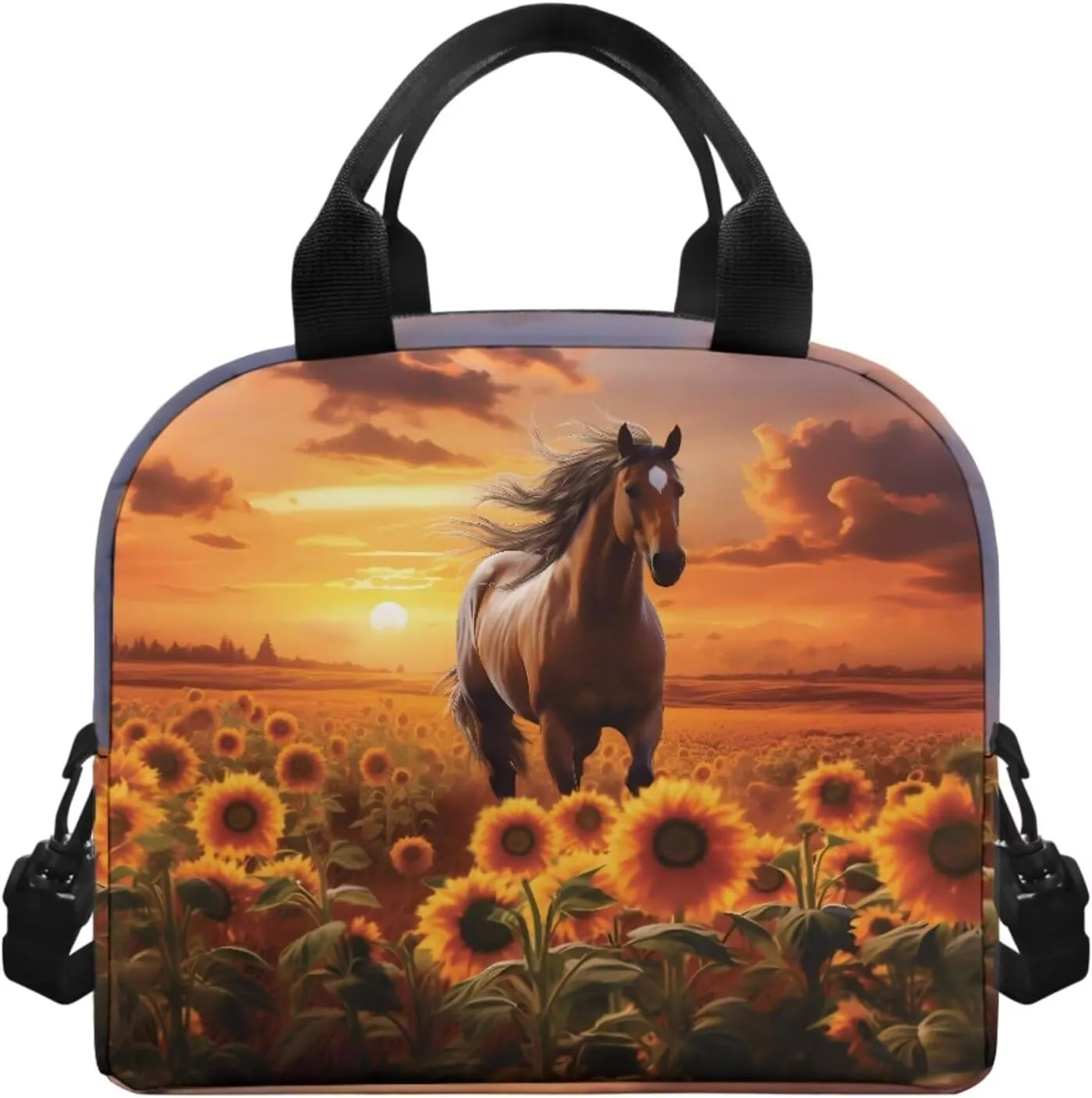 Flashideas Sunflower Horse Backpack Set 4Pcs with Lunch Box Insulated Water Bottle School Backpack Set for Girls 10-12 and Water Bottle Cover for Girl Kid Students Elementary School