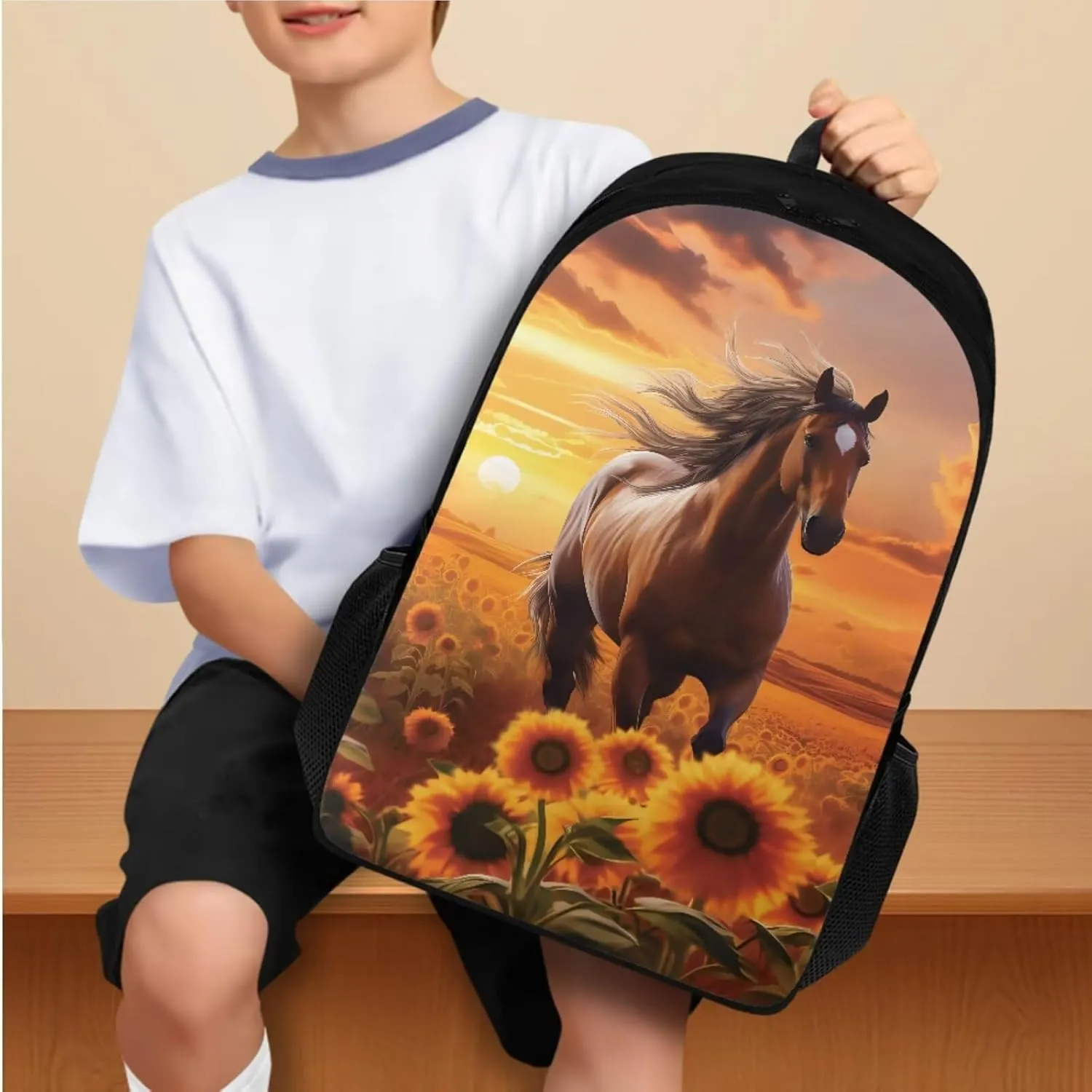 Flashideas Sunflower Horse Backpack Set 4Pcs with Lunch Box Insulated Water Bottle School Backpack Set for Girls 10-12 and Water Bottle Cover for Girl Kid Students Elementary School
