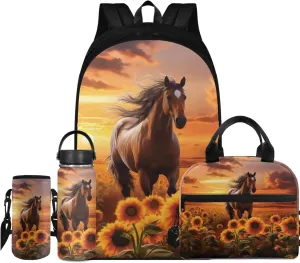 Flashideas Sunflower Horse Backpack Set 4Pcs with Lunch Box Insulated Water Bottle School Backpack Set for Girls 10-12 and Water Bottle Cover for Girl Kid Students Elementary School