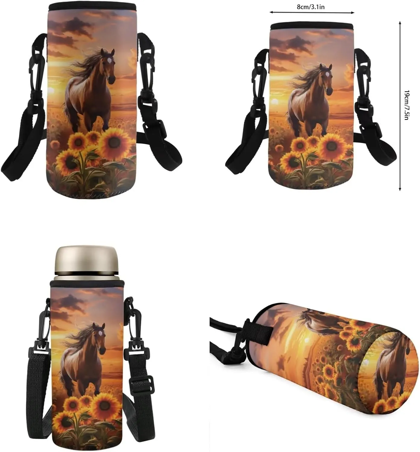 Flashideas Sunflower Horse Backpack Set 4Pcs with Lunch Box Insulated Water Bottle School Backpack Set for Girls 10-12 and Water Bottle Cover for Girl Kid Students Elementary School