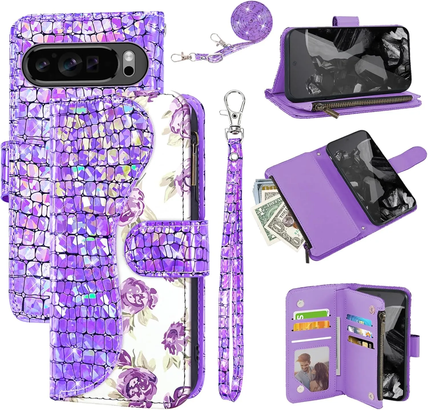 Floral Wallet Case for Google Pixel 9 Pro XL with Wrist Strap Shoulder Strap Flip Zipper Purse Card Holder,Stand Sparkly Glitter Bling Cell Phone Cover for Pixel9 9Pro 9ProXL Nine Purple
