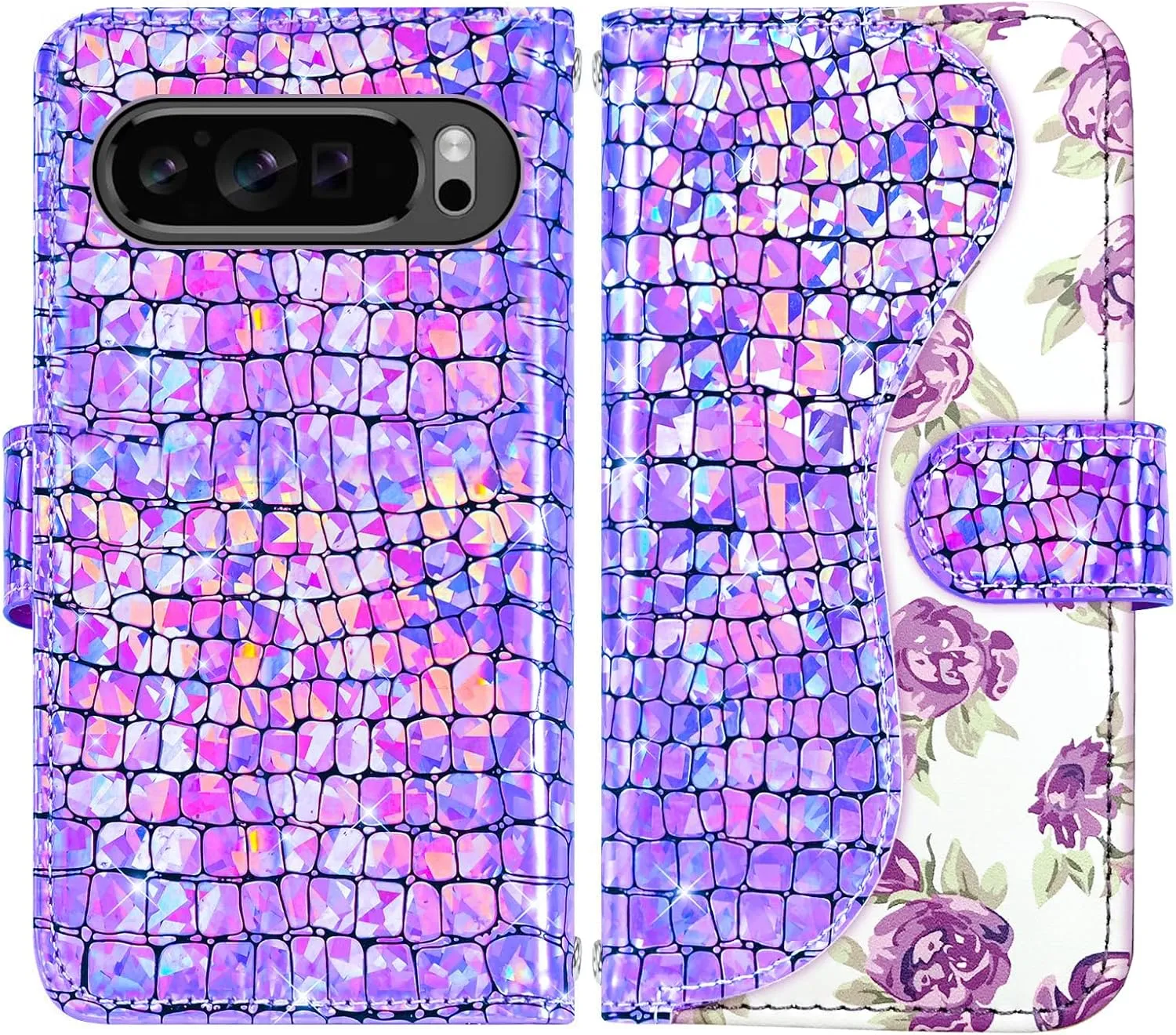 Floral Wallet Case for Google Pixel 9 Pro XL with Wrist Strap Shoulder Strap Flip Zipper Purse Card Holder,Stand Sparkly Glitter Bling Cell Phone Cover for Pixel9 9Pro 9ProXL Nine Purple
