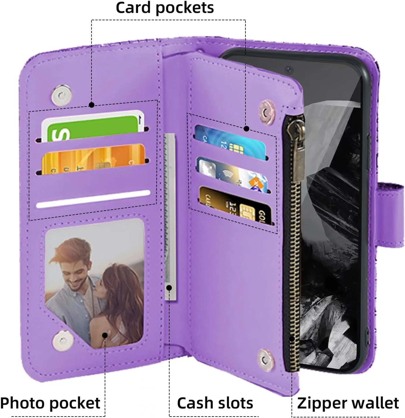 Floral Wallet Case for Google Pixel 9 Pro XL with Wrist Strap Shoulder Strap Flip Zipper Purse Card Holder,Stand Sparkly Glitter Bling Cell Phone Cover for Pixel9 9Pro 9ProXL Nine Purple