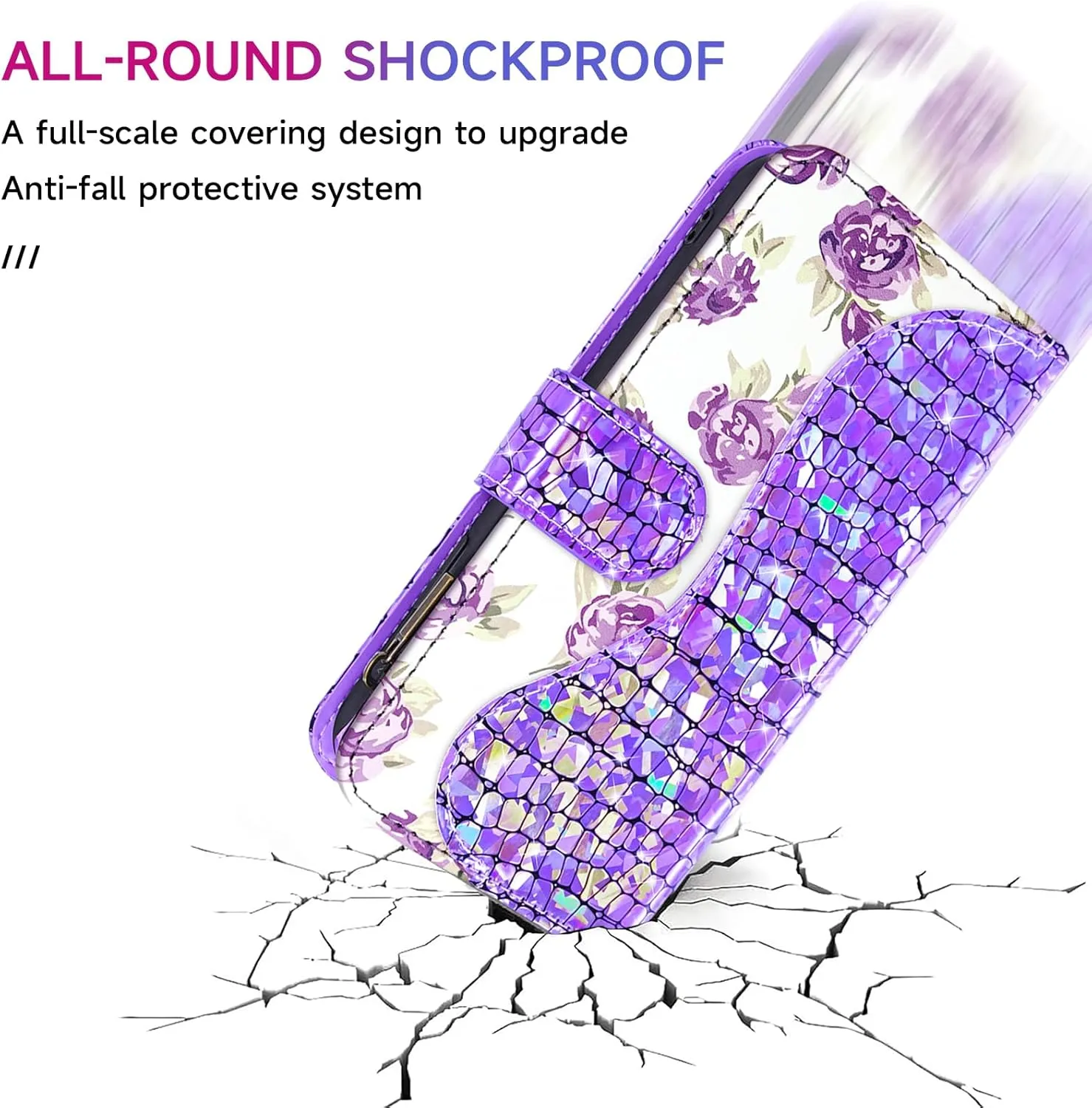 Floral Wallet Case for Google Pixel 9 Pro XL with Wrist Strap Shoulder Strap Flip Zipper Purse Card Holder,Stand Sparkly Glitter Bling Cell Phone Cover for Pixel9 9Pro 9ProXL Nine Purple