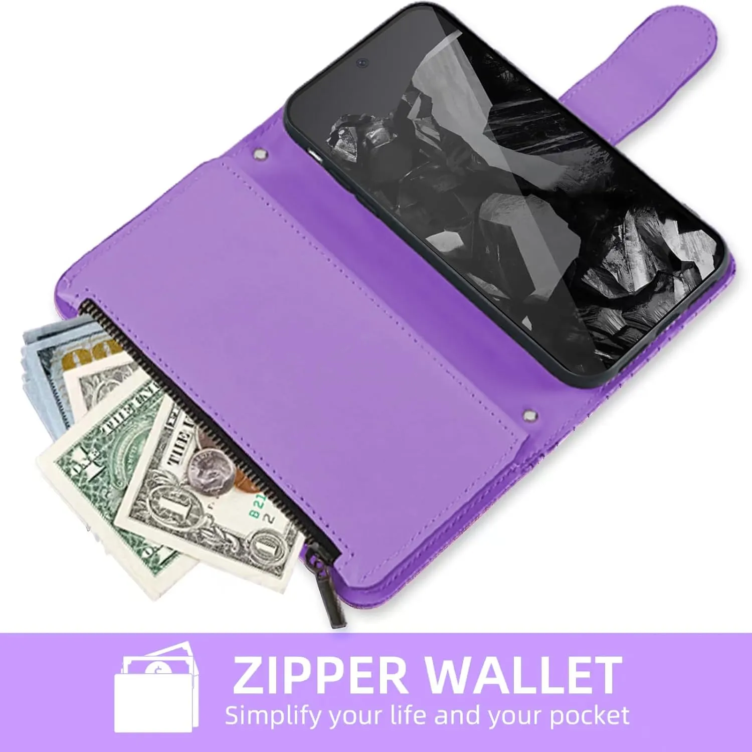 Floral Wallet Case for Google Pixel 9 Pro XL with Wrist Strap Shoulder Strap Flip Zipper Purse Card Holder,Stand Sparkly Glitter Bling Cell Phone Cover for Pixel9 9Pro 9ProXL Nine Purple