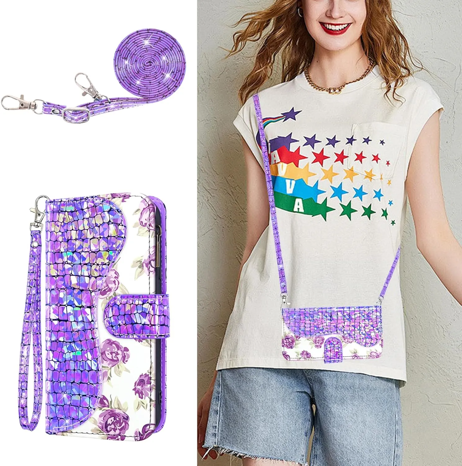 Floral Wallet Case for Google Pixel 9 Pro XL with Wrist Strap Shoulder Strap Flip Zipper Purse Card Holder,Stand Sparkly Glitter Bling Cell Phone Cover for Pixel9 9Pro 9ProXL Nine Purple