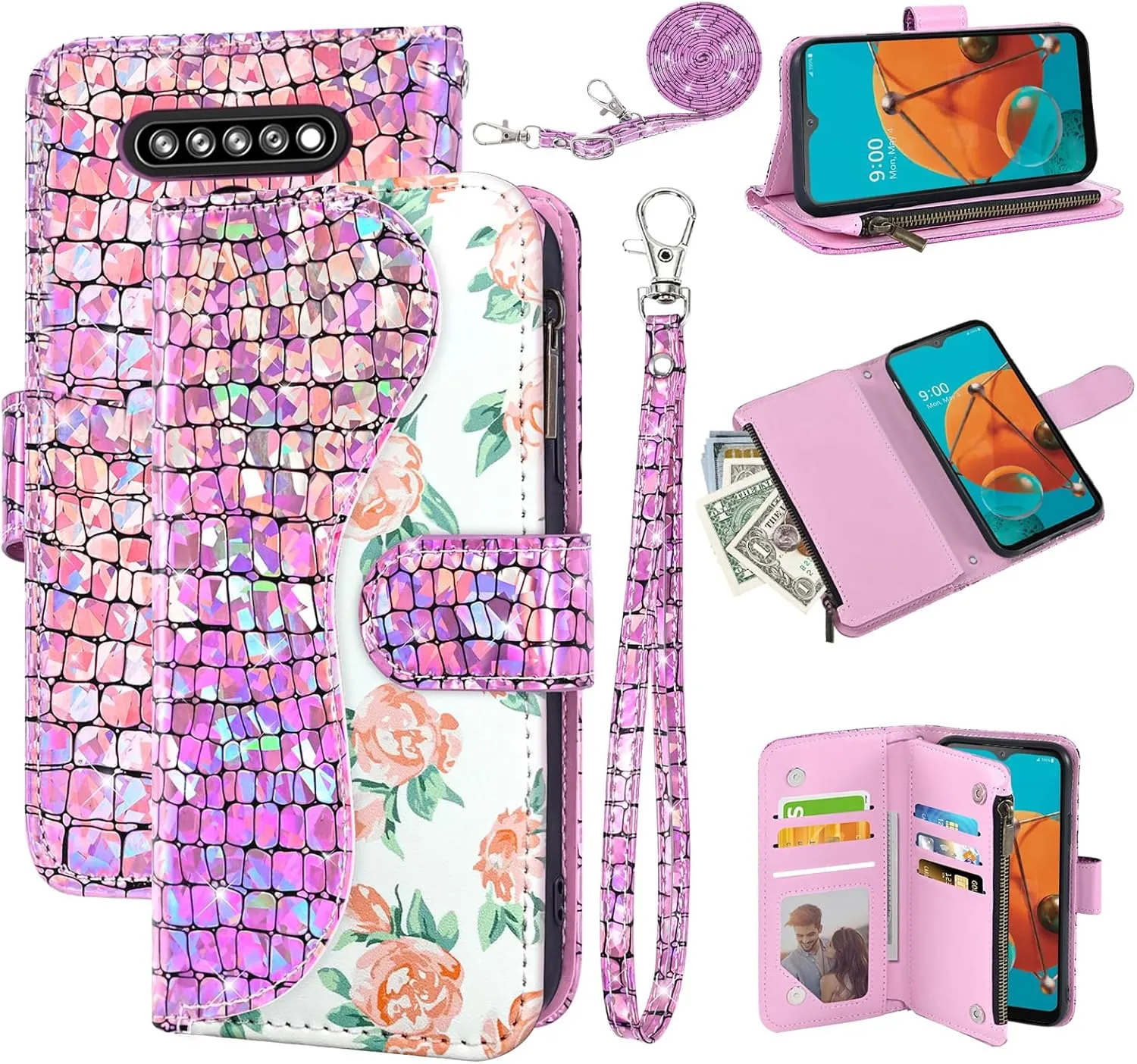 Floral Wallet Case for LG K51/Reflect LTE/Q51 with Wrist Strap Shoulder Strap Flip Zipper Purse Card Holder,Stand Glitter Phone Cover for LGK51 K 51 51K L555DL 2020 LGK51Phone LG51Cases Pink