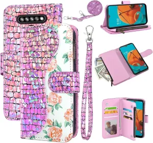 Floral Wallet Case for LG K51/Reflect LTE/Q51 with Wrist Strap Shoulder Strap Flip Zipper Purse Card Holder,Stand Glitter Phone Cover for LGK51 K 51 51K L555DL 2020 LGK51Phone LG51Cases Pink