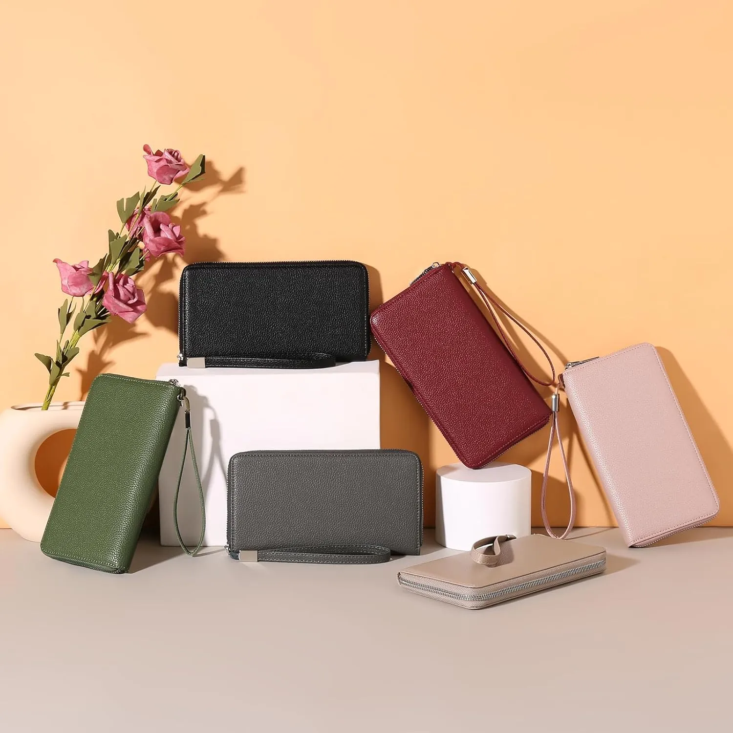 GOIACII Womens Wallet RFID Blocking Leather Zip Around Wallet Large Capacity Long Purse Credit Card Clutch Wristlet