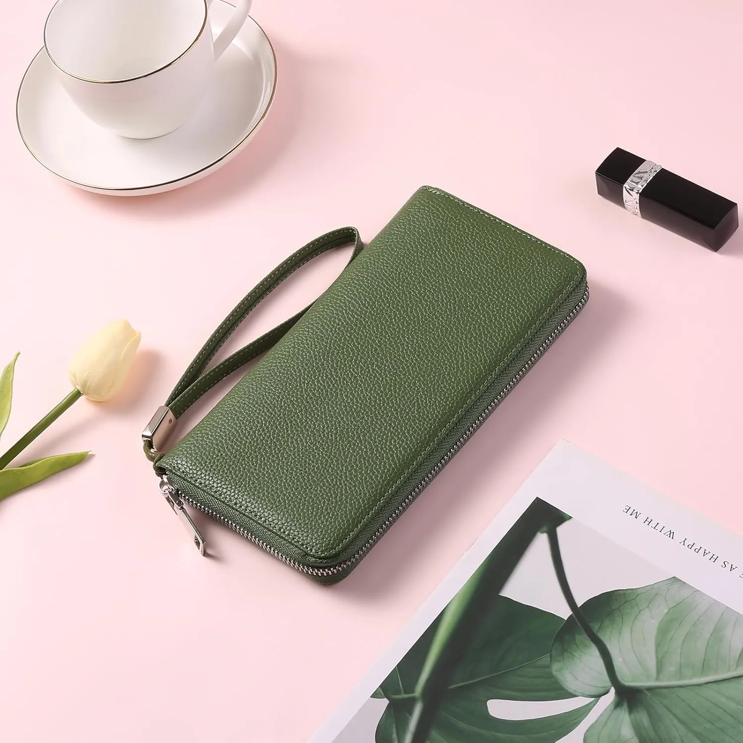 GOIACII Womens Wallet RFID Blocking Leather Zip Around Wallet Large Capacity Long Purse Credit Card Clutch Wristlet