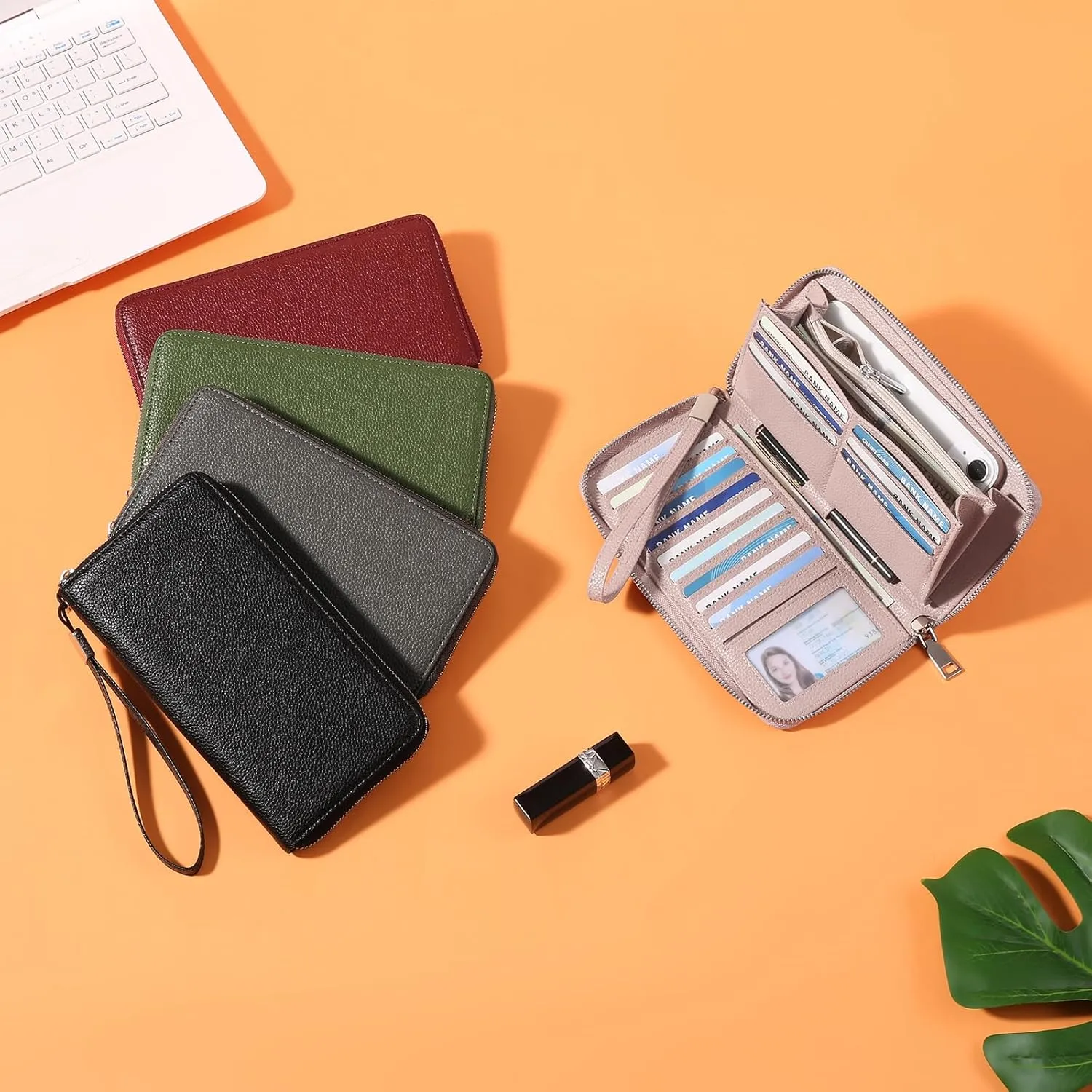 GOIACII Womens Wallet RFID Blocking Leather Zip Around Wallet Large Capacity Long Purse Credit Card Clutch Wristlet