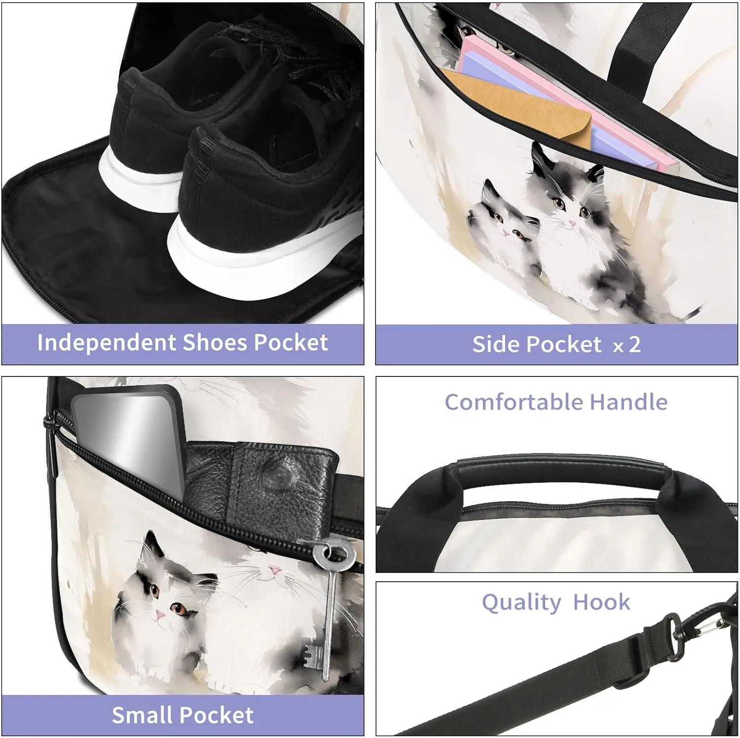 Gym Bag for Women, Carry on Weekender Overnight Bag, Travel Duffel Bags, Personal Item Travel Bag Tote Bag Workout Dance Bag, Chinese Painting Cat - 1