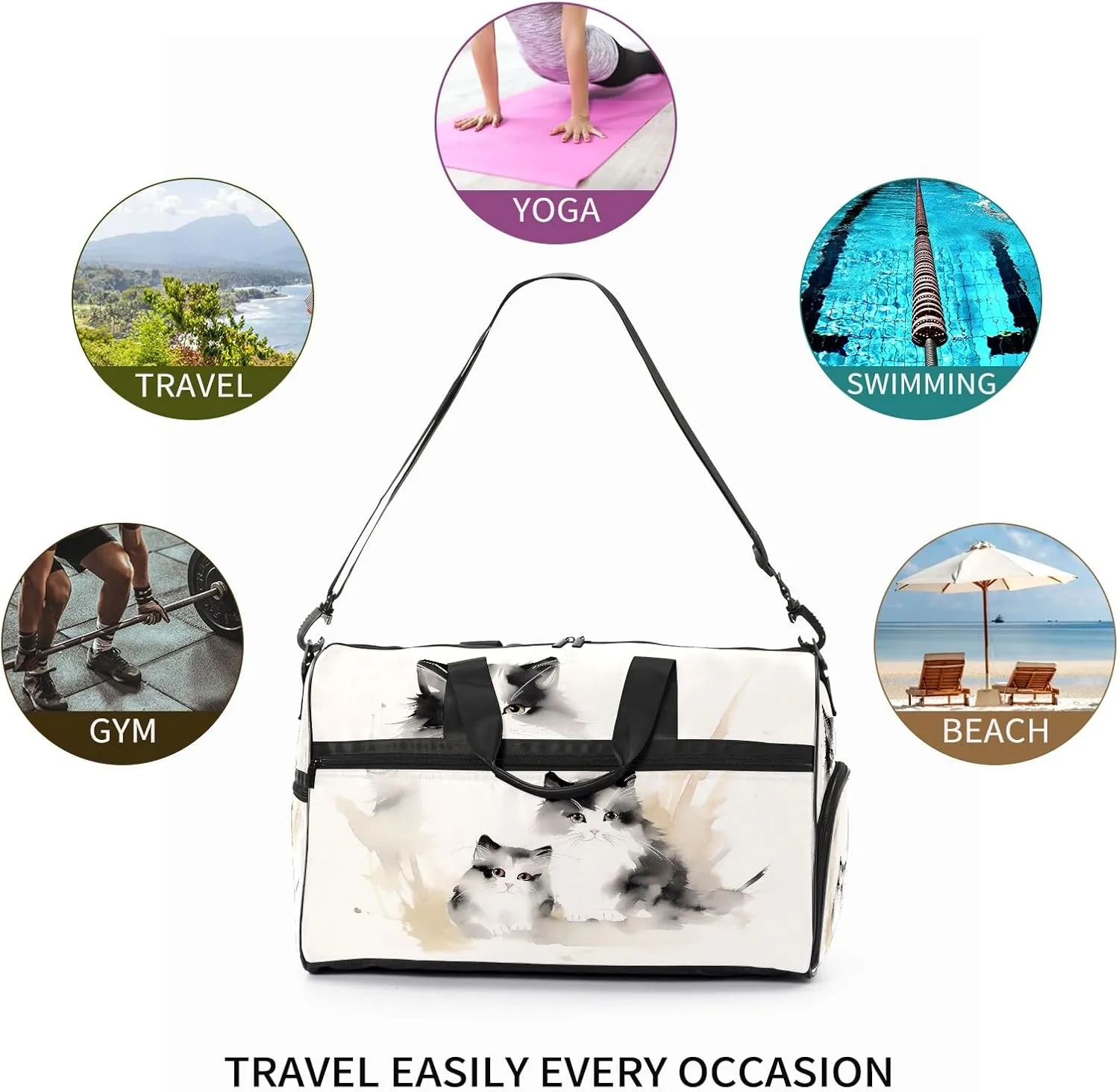 Gym Bag for Women, Carry on Weekender Overnight Bag, Travel Duffel Bags, Personal Item Travel Bag Tote Bag Workout Dance Bag, Chinese Painting Cat - 1