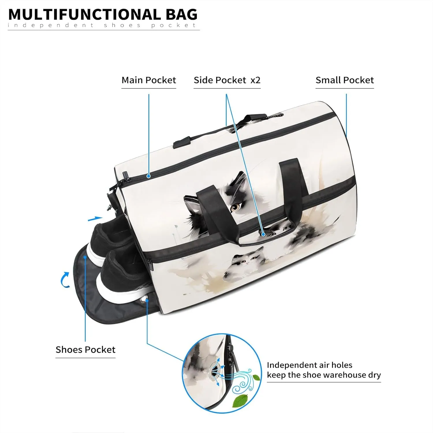 Gym Bag for Women, Carry on Weekender Overnight Bag, Travel Duffel Bags, Personal Item Travel Bag Tote Bag Workout Dance Bag, Chinese Painting Cat - 1