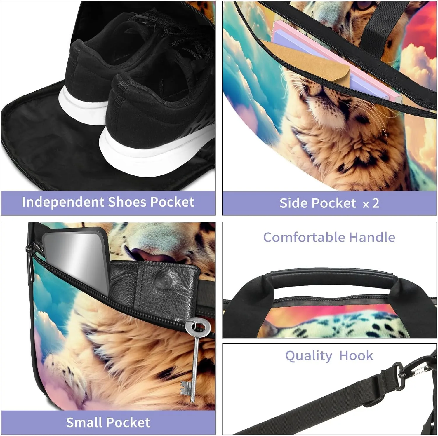 Gym Bag Women's Sports Yoga Bag - Fits up to 13.3" Laptop   Shoe Compartment, Overnight Weekender Bag Travel Bag, Dance Bag, Cheetah Cloud Rainbow - 2