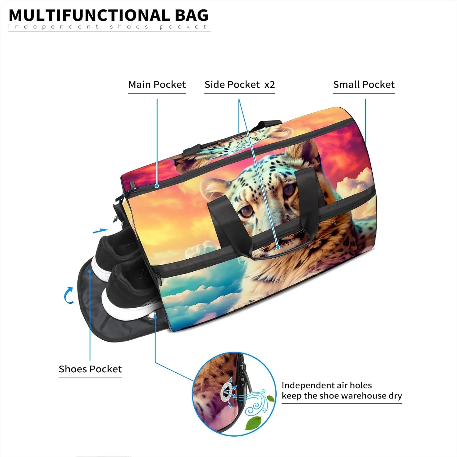 Gym Bag Women's Sports Yoga Bag - Fits up to 13.3" Laptop   Shoe Compartment, Overnight Weekender Bag Travel Bag, Dance Bag, Cheetah Cloud Rainbow - 2