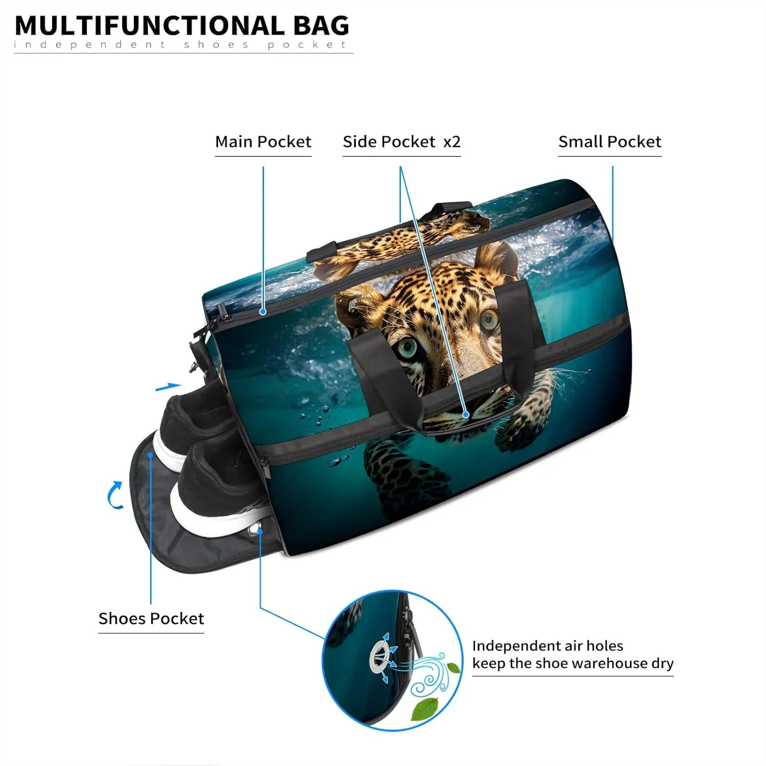 Gym Bag Women's Sports Yoga Bag - Fits up to 13.3" Laptop   Shoe Compartment, Overnight Weekender Bag Travel Bag, Dance Bag, Cheetah Underwater - 1