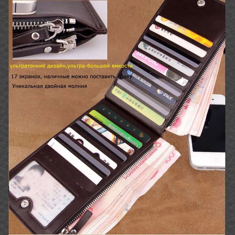 Hot sell luxury ultra-large capacity double zippers men wallets,ultra-thin leather wallets for men,fashion mens money clip