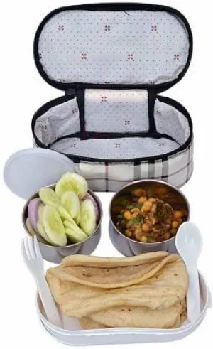 Insulated bag Lunch Box With 2 Stainless steel and 1 Plastic compartment