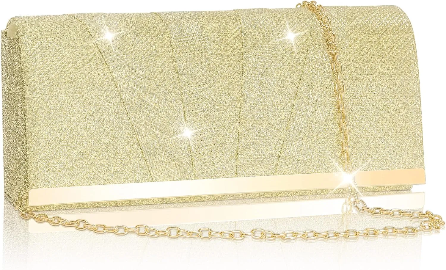 Larcenciel Gold Clutch Purse for Women Trendy, Glitter Pleated Evening Bags w/Chain, Formal Ladies Handbags Sequin Shoulder Crossbody Wallets for Cocktail Date Night Dress Party Club Party,94.72in