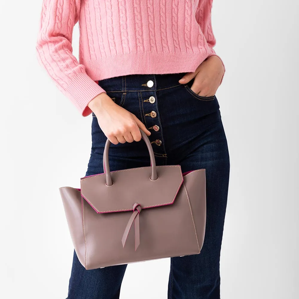 Loren Midi Leather Tote Bag - Taupe