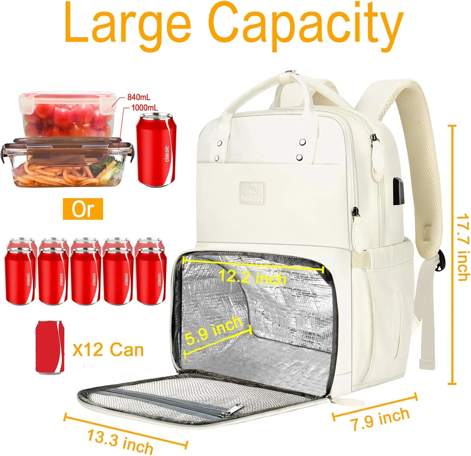 MATEIN Womens Backpack with Lunch Box, 17 Inch Laptop Backpack with Cooler Compartment for Lunch Containers, Large Computer Backpack for Travel Work College Daily, Gift Choice for Her, Beige
