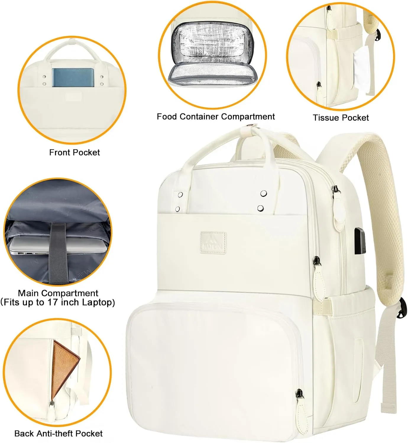 MATEIN Womens Backpack with Lunch Box, 17 Inch Laptop Backpack with Cooler Compartment for Lunch Containers, Large Computer Backpack for Travel Work College Daily, Gift Choice for Her, Beige
