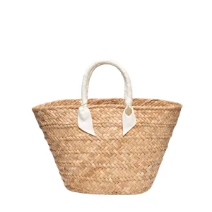 Rosie Woven Straw Ribbon-Handle Tote in Ivory