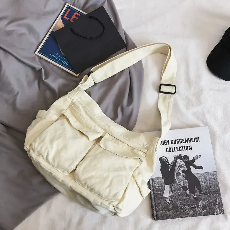 Student Large-Capacity Canvas Shoulder Tote School Messenger Crossbody Travel Bag