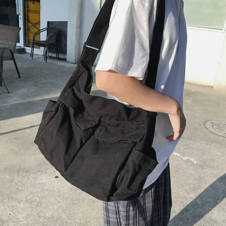 Student Large-Capacity Canvas Shoulder Tote School Messenger Crossbody Travel Bag