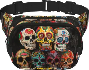 sugar skulls Print Square Double Layer bag Waist Bag Trendy Pack Travel Bag with Adjustable Bel