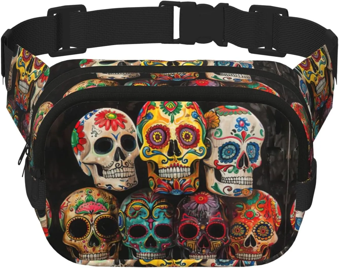 sugar skulls Print Square Double Layer bag Waist Bag Trendy Pack Travel Bag with Adjustable Bel