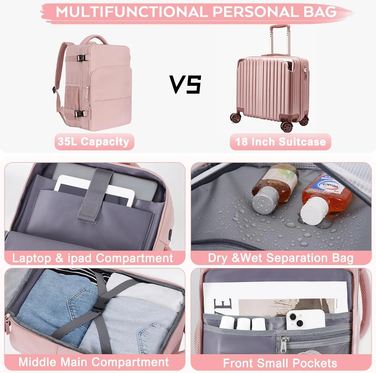 Travel Backpack for Women, Personal Item Bag for Airlines, Lightweight Carry On Backpack, Casual Hiking Work Gym College Weekender Bag Daypack, Laptop Backpack, Pink