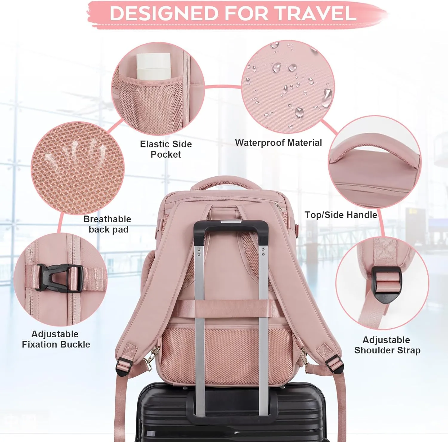 Travel Backpack for Women, Personal Item Bag for Airlines, Lightweight Carry On Backpack, Casual Hiking Work Gym College Weekender Bag Daypack, Laptop Backpack, Pink