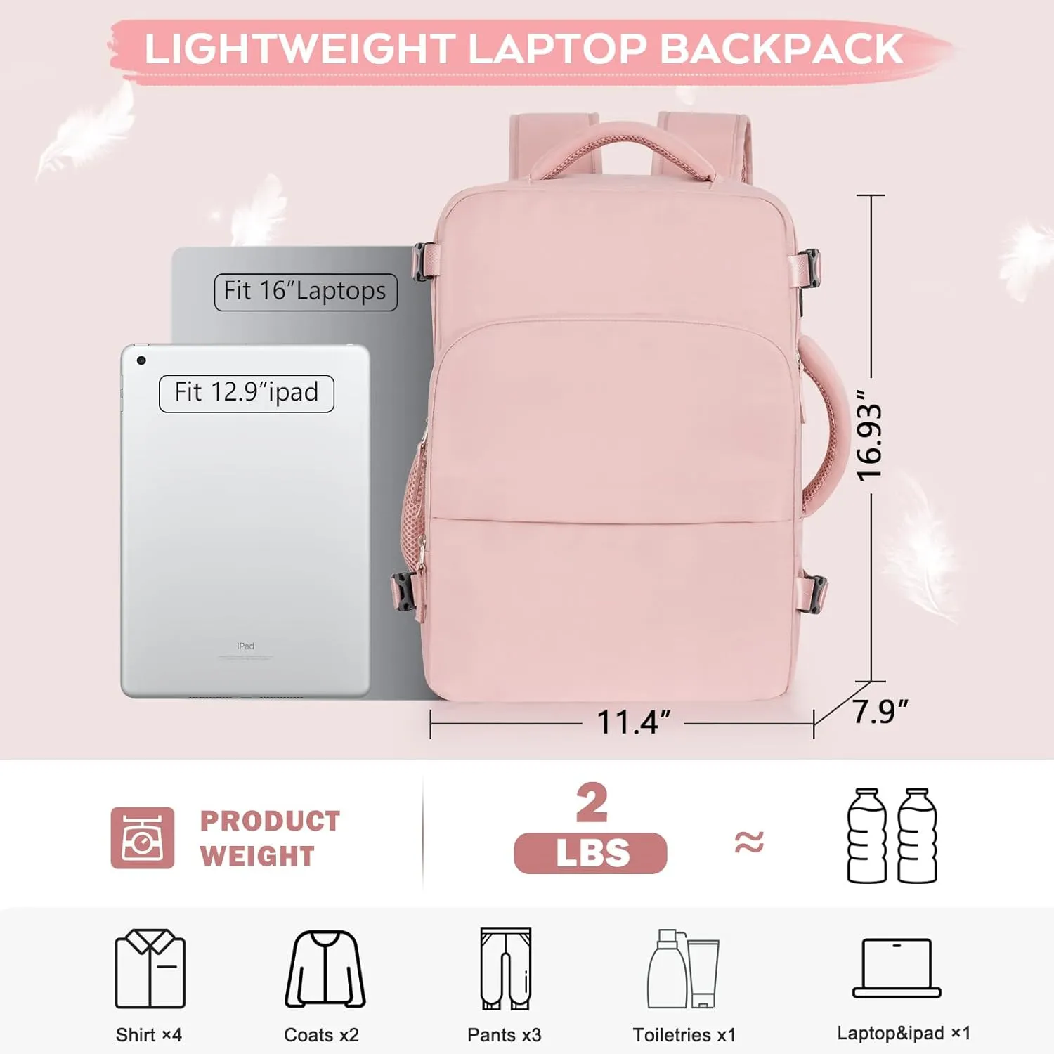 Travel Backpack for Women, Personal Item Bag for Airlines, Lightweight Carry On Backpack, Casual Hiking Work Gym College Weekender Bag Daypack, Laptop Backpack, Pink