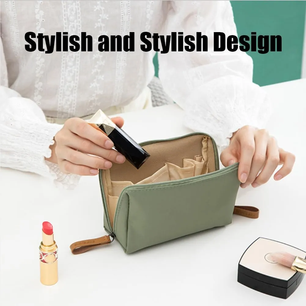 Travel Makeup Pouch for Women, Multifunctional Makeup Bag Small, Makeup Brush Bag with Handle, Lipstick & Toiletry Organizer with Compartments, Travel Makeup Brush Holder (green)