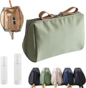 Travel Makeup Pouch for Women, Multifunctional Makeup Bag Small, Makeup Brush Bag with Handle, Lipstick & Toiletry Organizer with Compartments, Travel Makeup Brush Holder (green)