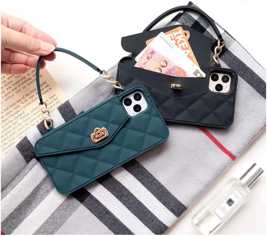 UnnFiko Wallet Case Compatible with iPhone 13, Cute Light Luxury Bag Design, Purse Flip Card Pouch Cover Soft Silicone Case with Handstrap Long Shoulder Strap (Black, iPhone 13)