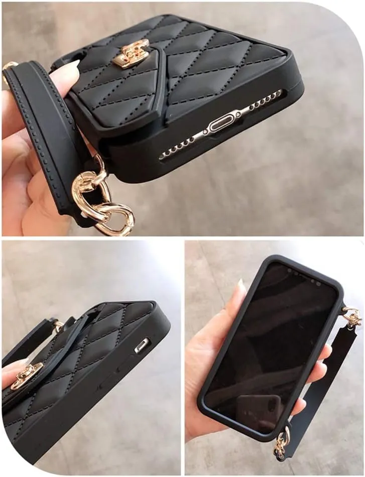 UnnFiko Wallet Case Compatible with iPhone 13, Cute Light Luxury Bag Design, Purse Flip Card Pouch Cover Soft Silicone Case with Handstrap Long Shoulder Strap (Black, iPhone 13)