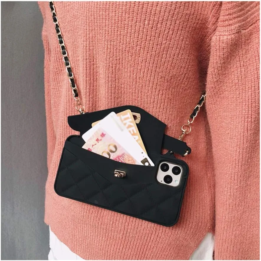 UnnFiko Wallet Case Compatible with iPhone 13, Cute Light Luxury Bag Design, Purse Flip Card Pouch Cover Soft Silicone Case with Handstrap Long Shoulder Strap (Black, iPhone 13)