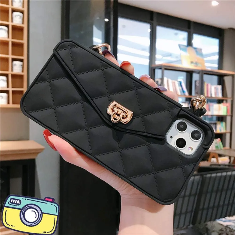 UnnFiko Wallet Case Compatible with iPhone 13, Cute Light Luxury Bag Design, Purse Flip Card Pouch Cover Soft Silicone Case with Handstrap Long Shoulder Strap (Black, iPhone 13)