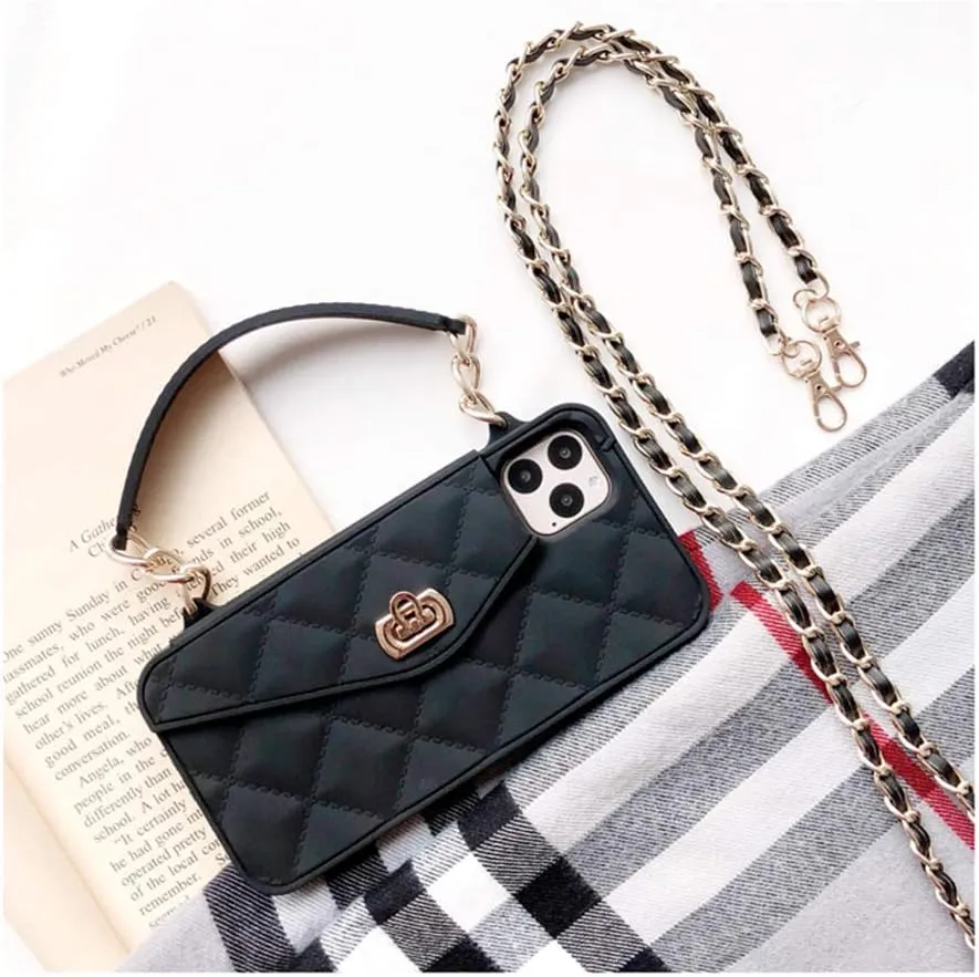 UnnFiko Wallet Case Compatible with iPhone 13, Cute Light Luxury Bag Design, Purse Flip Card Pouch Cover Soft Silicone Case with Handstrap Long Shoulder Strap (Black, iPhone 13)