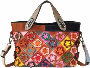 Women Flower Multicolor Handbag Genuine Leather Shoulder Purse Colorful Patchwork Work Shopper Satchel