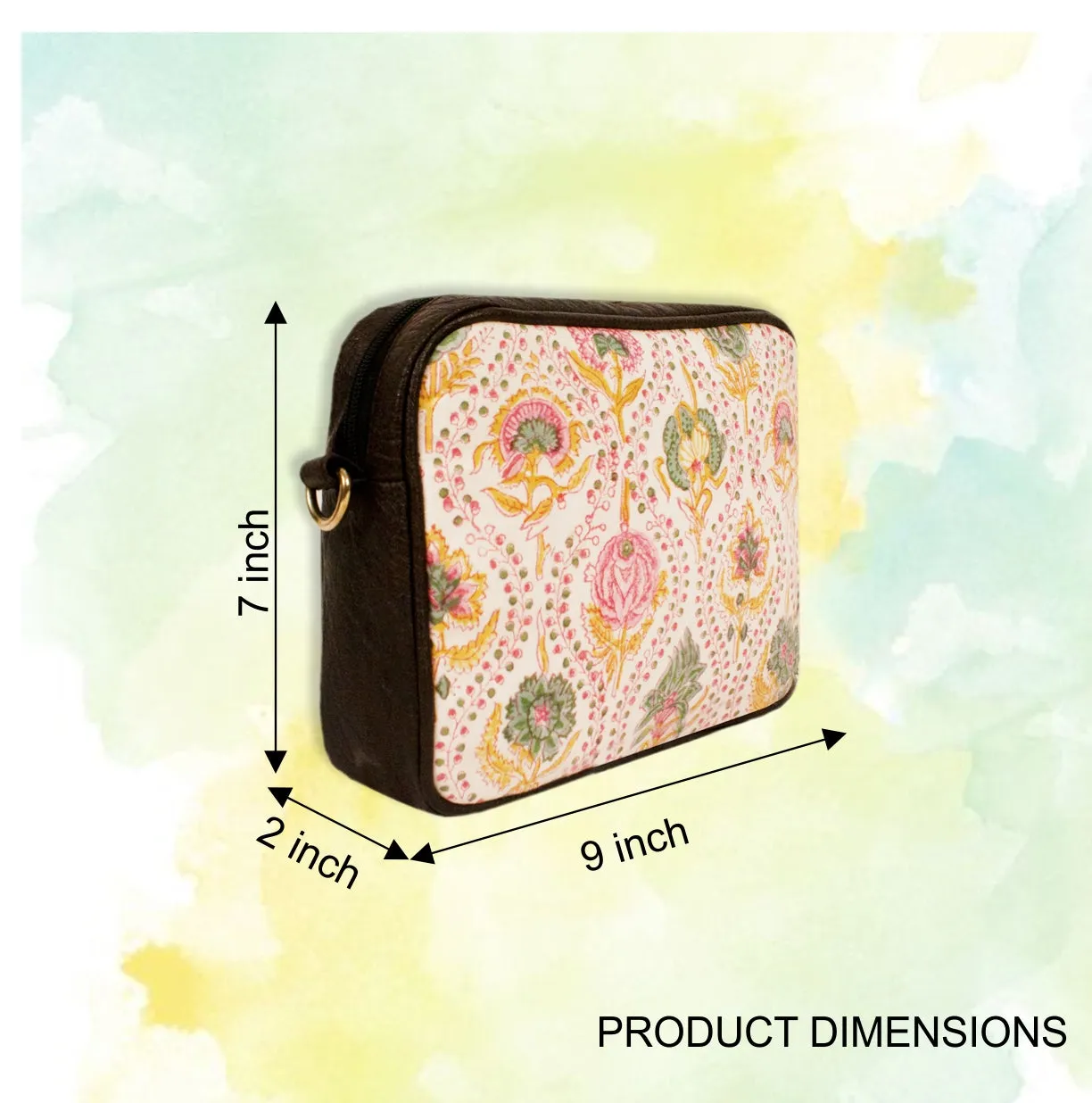 Yellow Peach Floral Block printed Box Sling Bag
