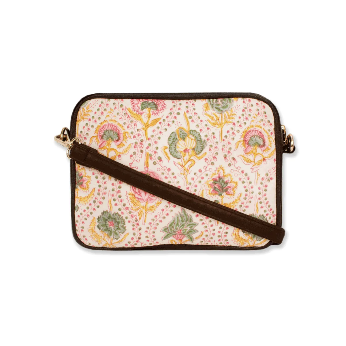 Yellow Peach Floral Block printed Box Sling Bag