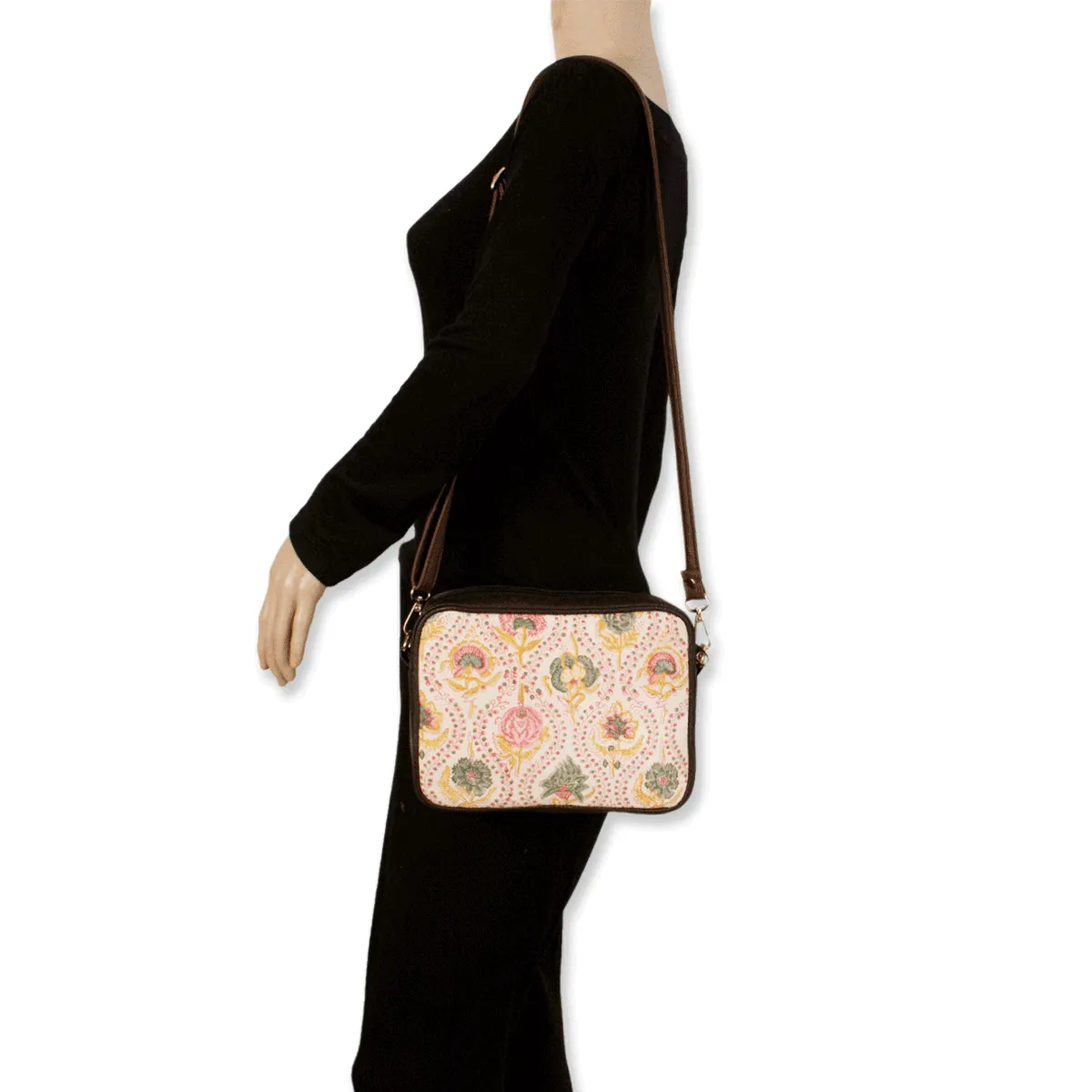 Yellow Peach Floral Block printed Box Sling Bag